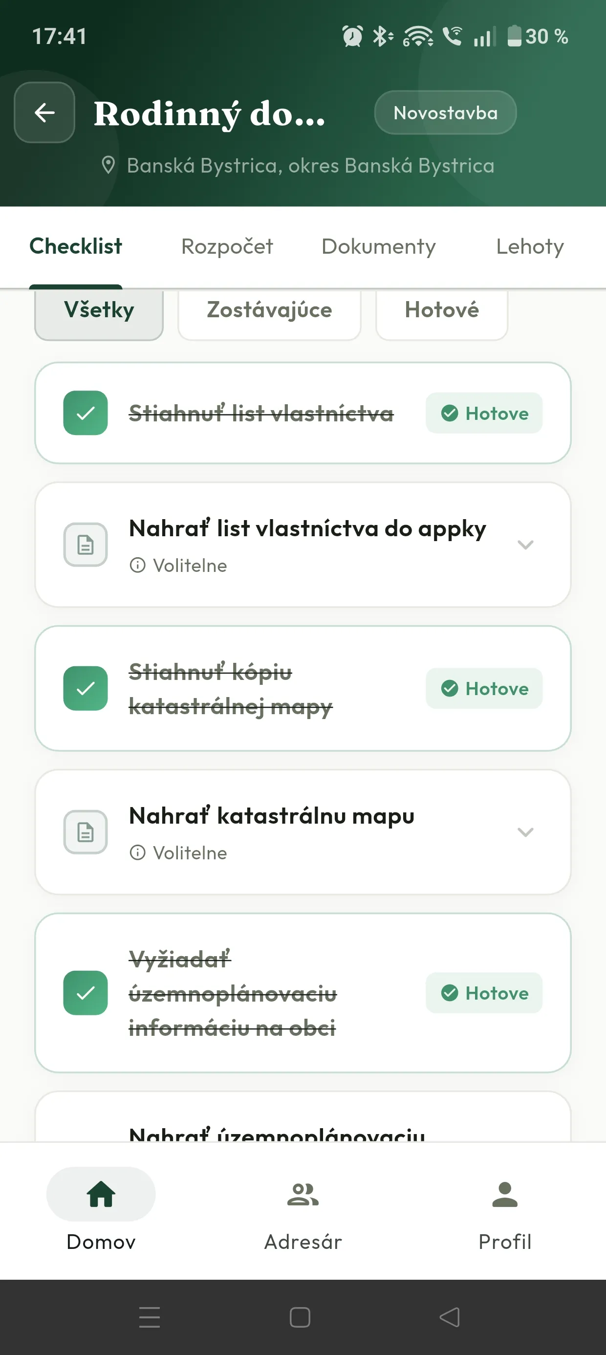 Checklist stavebných krokov